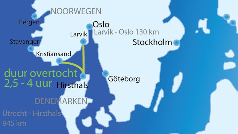 Overzichtskaart ferry overtocht Hirsthals - Kristiansand - Larvik